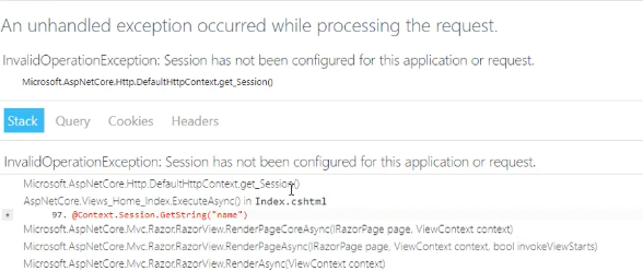 MVC Core session has not been configured for this application