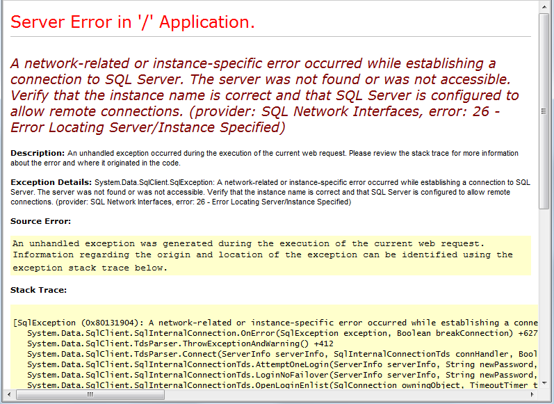 A network-related or instance-specific error occurred while establishing a connection to SQL Server.